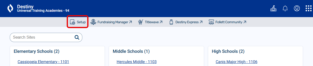 District Welcome page with Setup option highlighted.