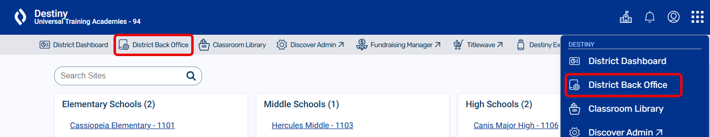 District Welcome page with Setup link highlighted.