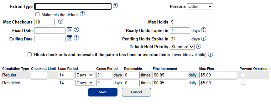 Patron Type page.